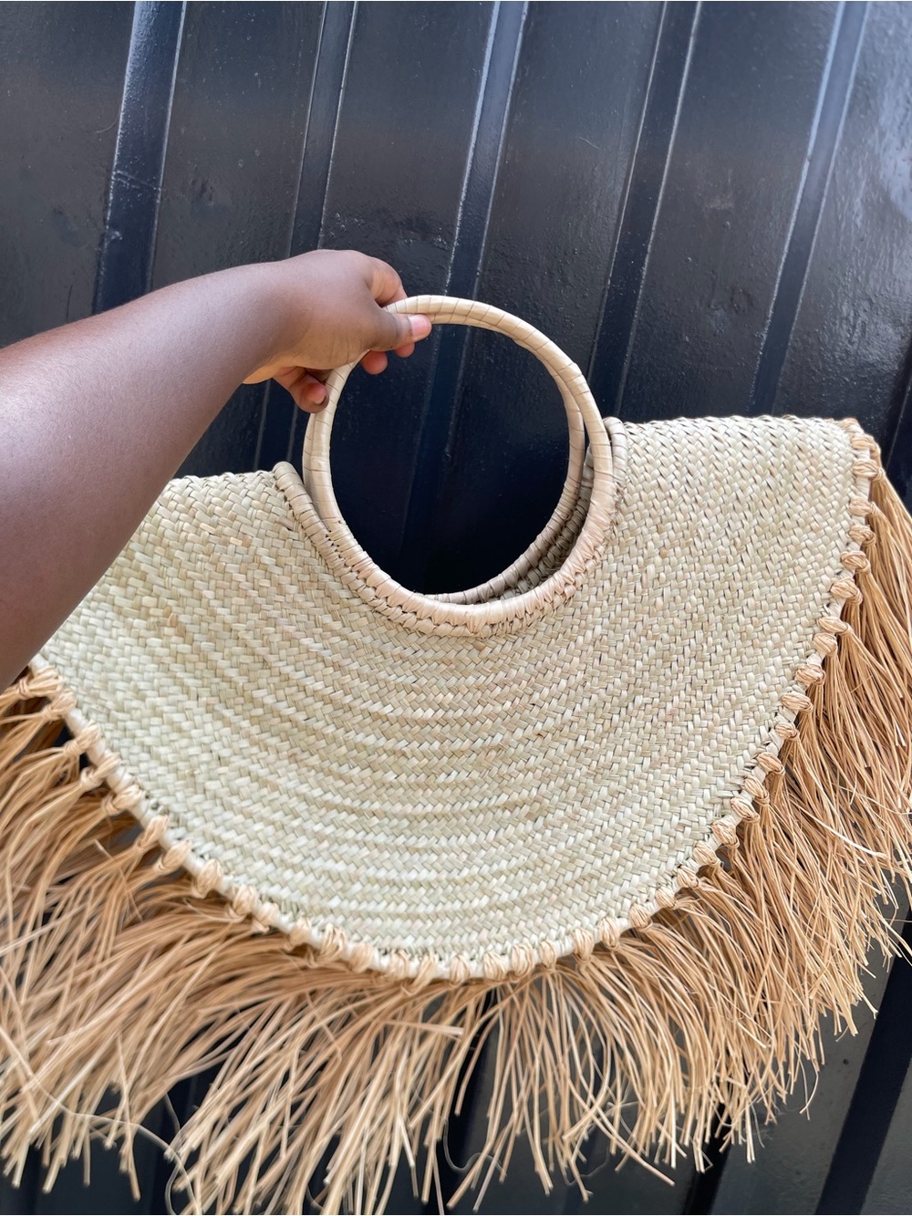 Handwoven Raffia Fringe Circle-Handle Straw Tote - Beige